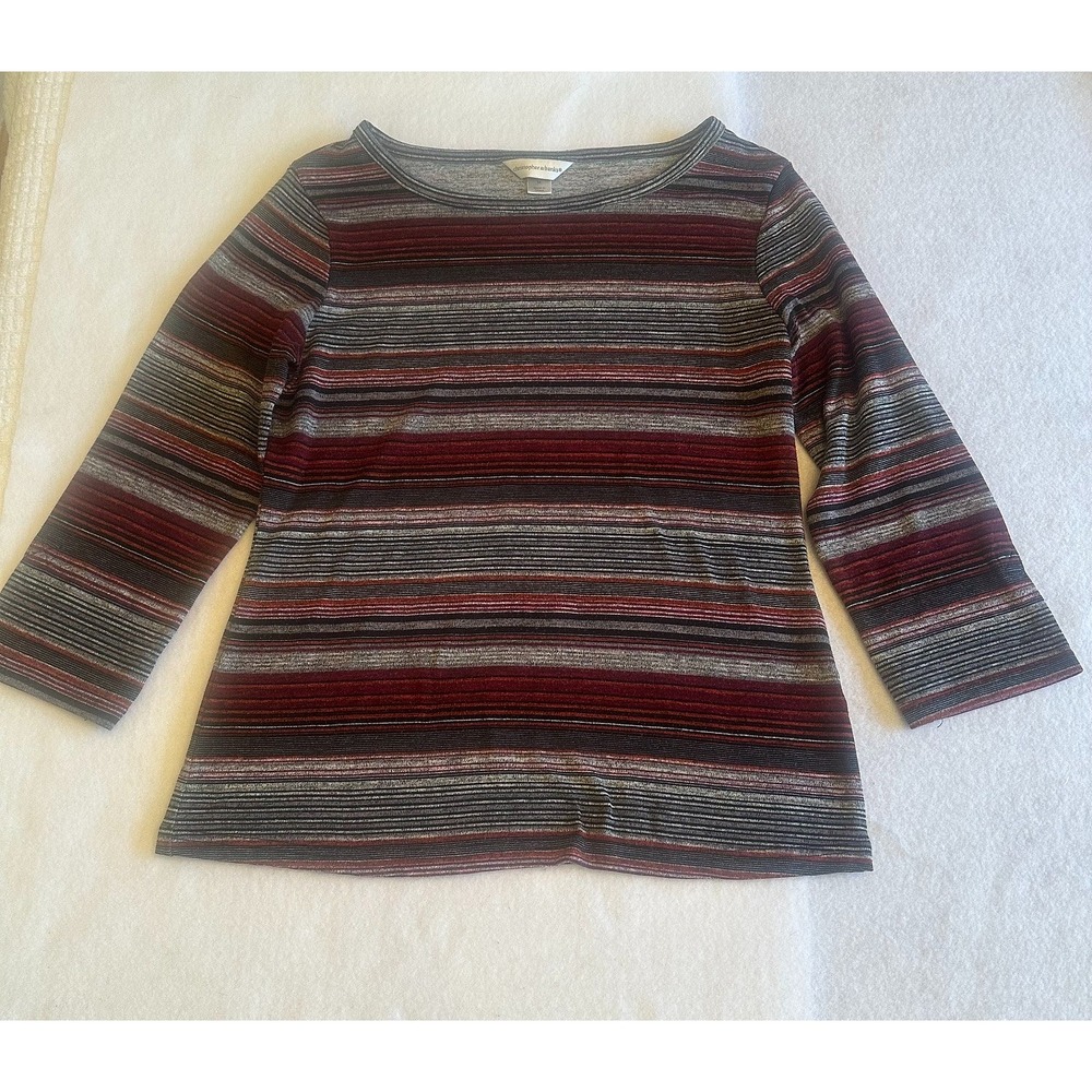 Christopher Banks Striped Top Womens Size M Knit Gray Red Boat Neck Long Sleeve